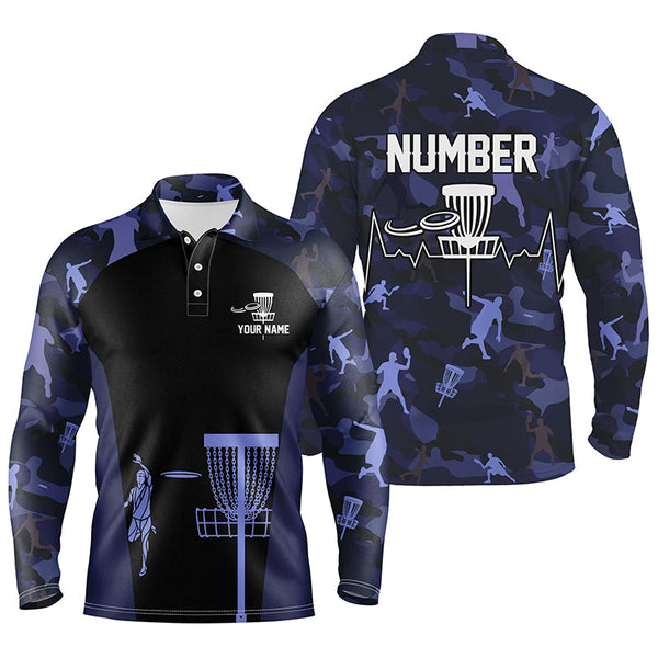 Blue Camo Mens Disc Golf Polo Shirts, Custom Camouflage Golf Shirts For Men, Disc Golf Gifts LDT0088