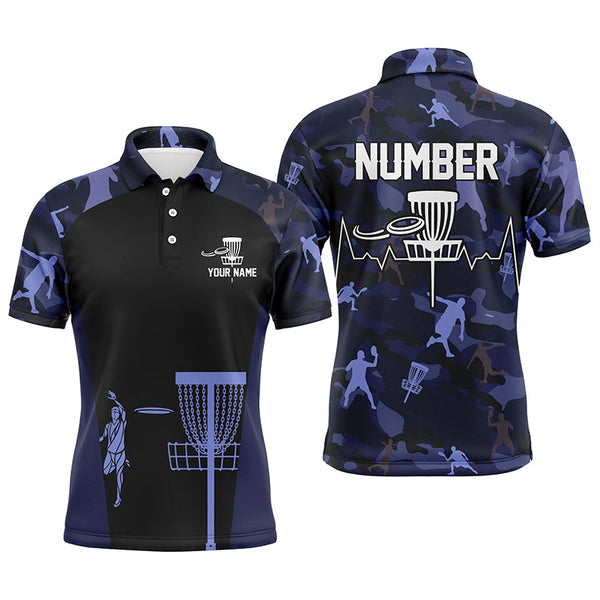 Blue Camo Mens Disc Golf Polo Shirts, Custom Camouflage Golf Shirts For Men, Disc Golf Gifts LDT0088