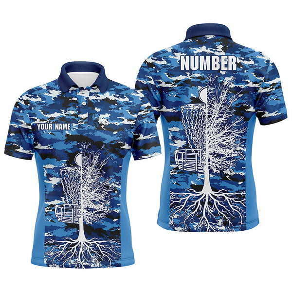 Blue Camo Mens Disc Golf Polo Shirts, Custom Camouflage Golf Shirts For Men, Disc Golf Gifts LDT0093