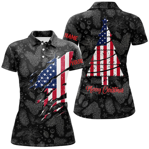 American Flag Christmas Golf Polo Shirt Custom Retro Patriotic Golf Shirt For Women Golf Gift LDT0672
