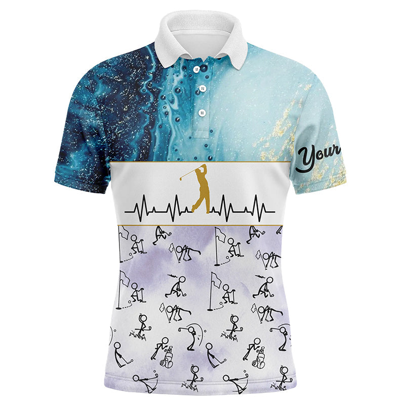 Custom Stick Figures Playing Golf Blue Marble Heartbeat Golf Shirts For Men Golf Gifts LDT0385