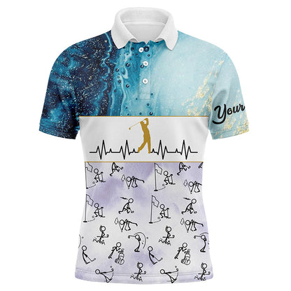 Custom Stick Figures Playing Golf Blue Marble Heartbeat Golf Shirts For Men Golf Gifts LDT0385