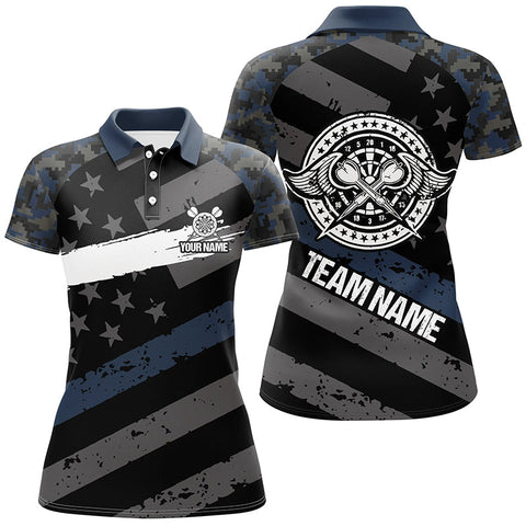 Custom Blue Camo Retro American Flag Patriotic Darts Polo Shirt Darts Jersey For Women LDT0398