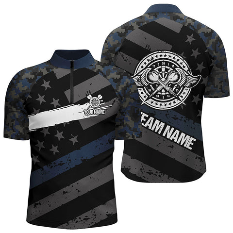 Custom Blue Camo Retro American Flag Patriotic Darts Quarter Zip Shirt Men Darts Jersey LDT0398