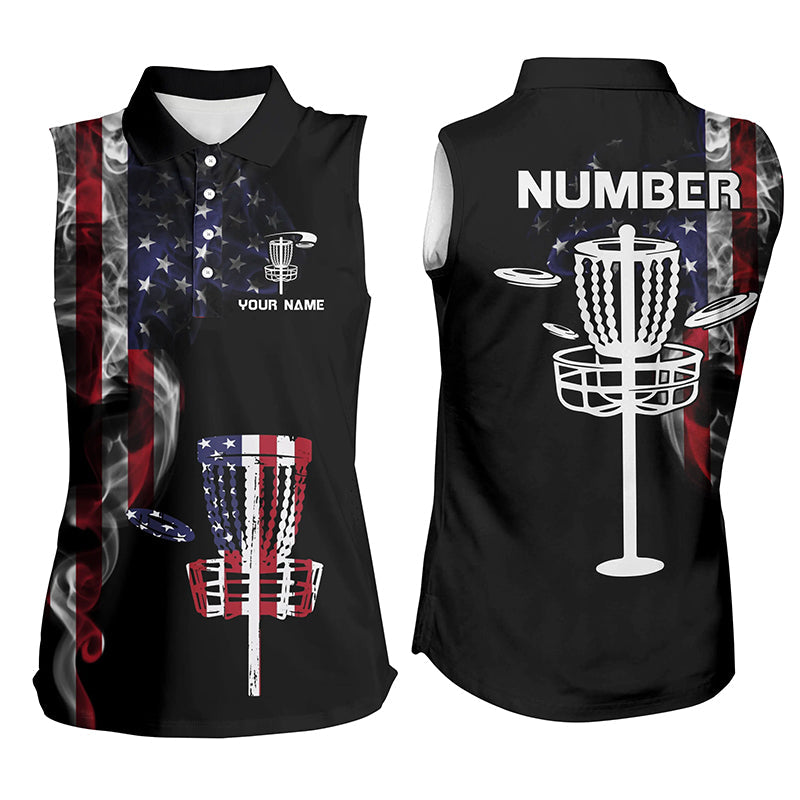 Custom Smoky American Flag Womens Sleeveless Disc Golf Tops Patriotic Disc Golf Shirts For Women LDT0936