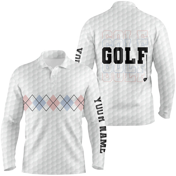Pink Blue Argyle Pattern Mens Golf Polo Shirts Custom Cool White Golf Shirts For Men Golf Gifts LDT0950