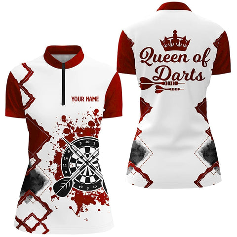 Queen Of Darts Red White Darts Quarter Zip Shirt Customized Cool Darts Jersey For Women LDT0969