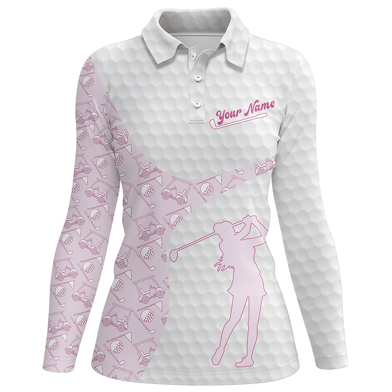 Pink White Golf Seamless Pattern Custom Name Golf Polos Personalized Golf Shirts For Womens LDT1318