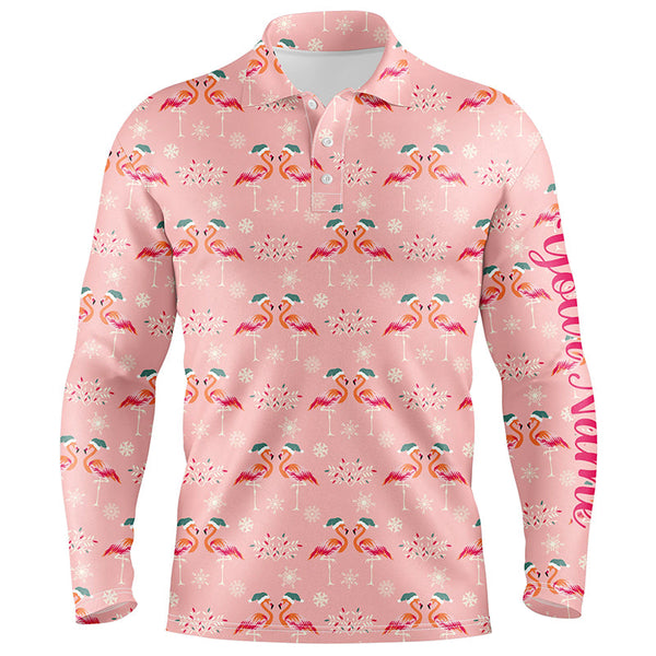 Pink Christmas Flamingos Mens Golf Polo Shirt Custom Funny Golf Shirts For Men Golf Gifts LDT0755