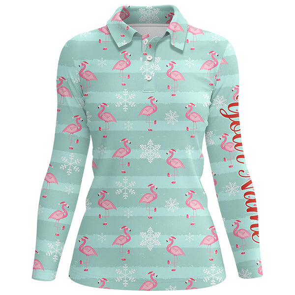 Christmas Cute Pink Flamingo Green Womens Golf Polo Shirt Custom Funny Golf Shirts For Women LDT0757
