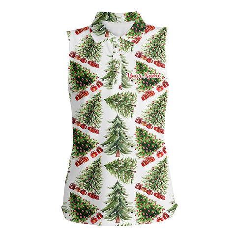 Watercolor Christmas Trees And Gifts Womens Sleeveless Golf Polo Shirt Winter Golf Shirts For Women LDT0759