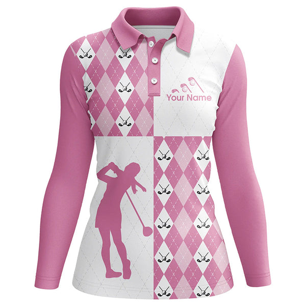 Golf Athleisure Pink Argyle Pattern Custom Name Women 3D Polo Shirt, Pink Golf Shirt For Ladies LDT0009