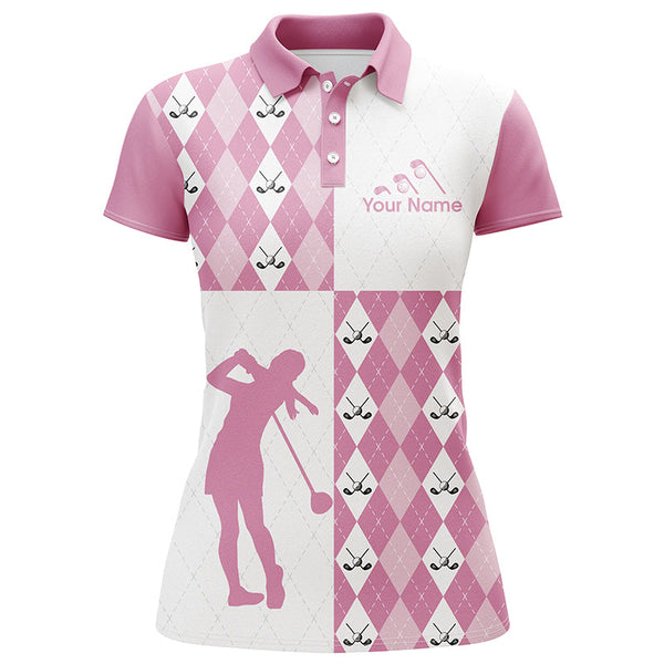 Golf Athleisure Pink Argyle Pattern Custom Name Women 3D Polo Shirt, Pink Golf Shirt For Ladies LDT0009