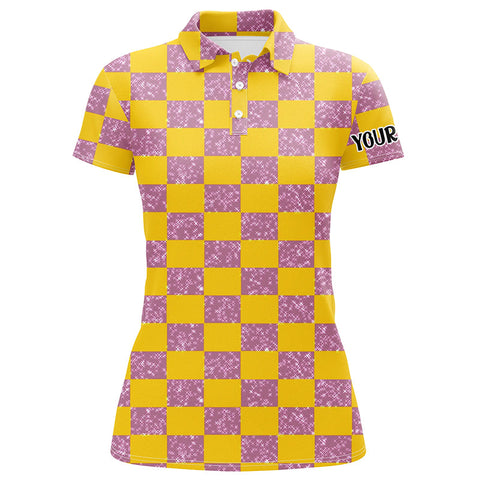 Yellow Purple Twinkle Checkered Plaid Womens Golf Polo Shirt Personalized Golf Tops For Women LDT0983
