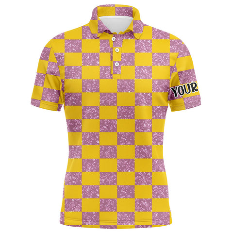 Yellow Purple Twinkle Checkered Plaid Mens Golf Polo Shirt Personalized Golf Gifts For Male Golfer LDT0983