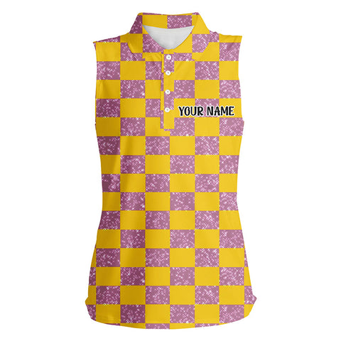Womens Sleeveless Polo Shirt Yellow Purple Twinkle Checkered Plaid Personalized Golf Tops For Women LDT0983