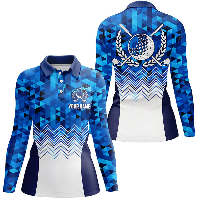 Womens Blue Geometric Golf Polos Custom Triangle Pattern Golf Shirts F ...