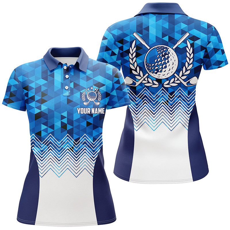 Womens Blue Geometric Golf Polos Custom Triangle Pattern Golf Shirts F ...