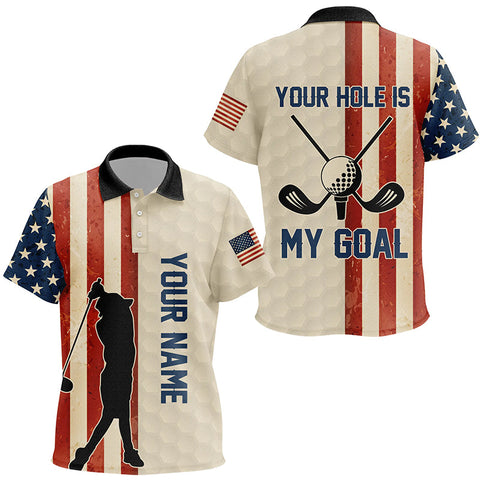 Your Hole Is My Goal Vintage American Flag Kids Golf Polo Shirt Custom Patriotic Golf Shirts For Kid LDT1400