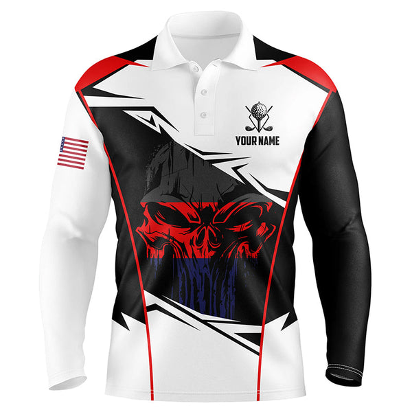 American Flag Skull Golf Polo Shirts, Custom Name Golf Shirts For Men, Patriotic Golf Gifts LDT0215