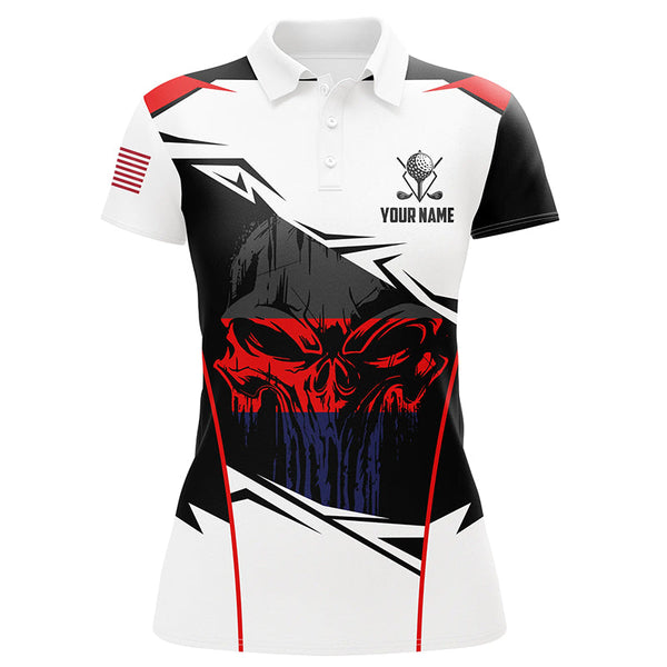 American Flag Skull Golf Polo Shirts, Custom Name Golf Shirts For Women, Patriotic Golf Gifts LDT0215
