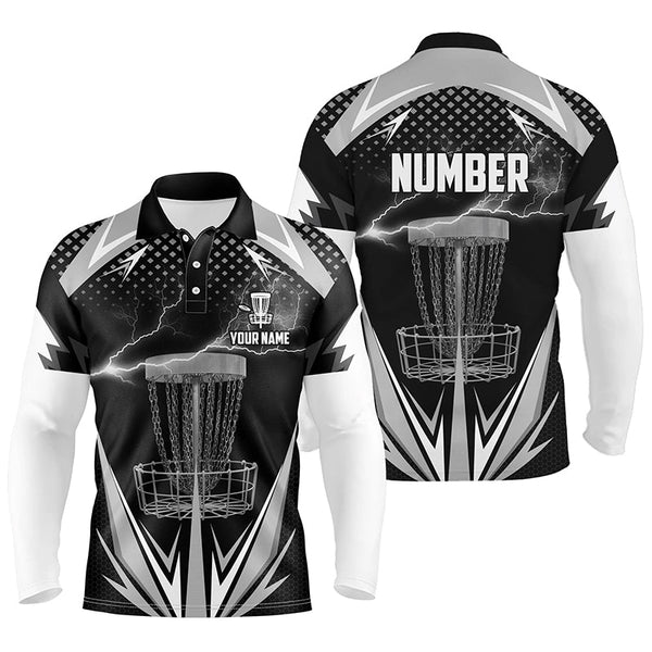 Black & White Thunder Disc Golf Polo Shirts, Custom Lightning Disc Golf Shirts For Men LDT0218
