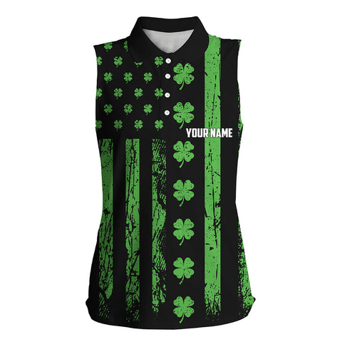 St. Patrick's Day American Flag Womens Sleeveless Polo Shirt Green Clover Patriotic Women Golf Tops LDT1039