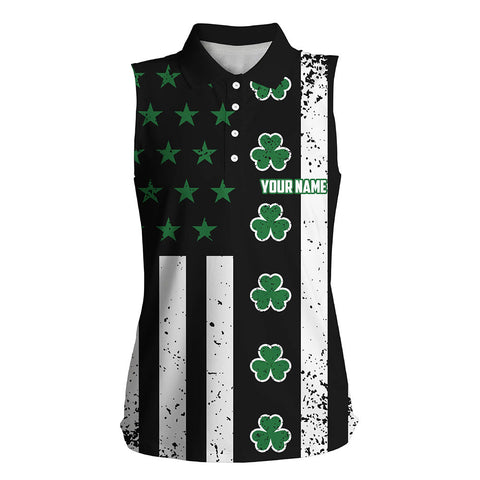 St. Patrick's Day American Flag Womens Sleeveless Polo Shirt Green Clover Patriotic Women Golf Tops LDT1040