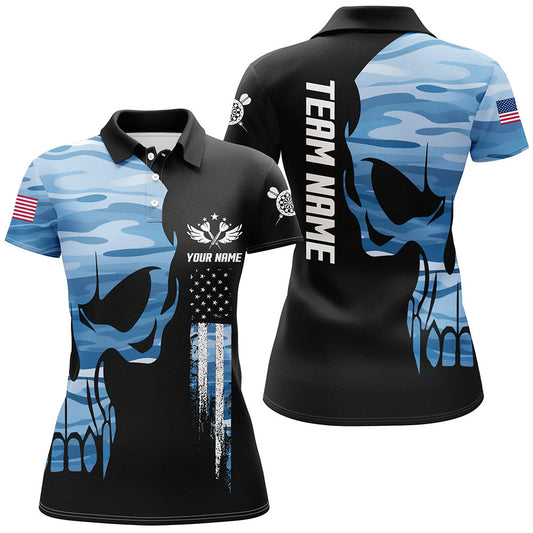 Blue Camo Skull American Flag Darts Polo Shirt Custom Patriotic Dart Jerseys For Women LDT1452