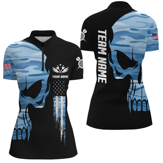 Blue Camo Skull American Flag Darts Quarter Zip Shirt Patriotic Dart Jerseys For Women LDT1452