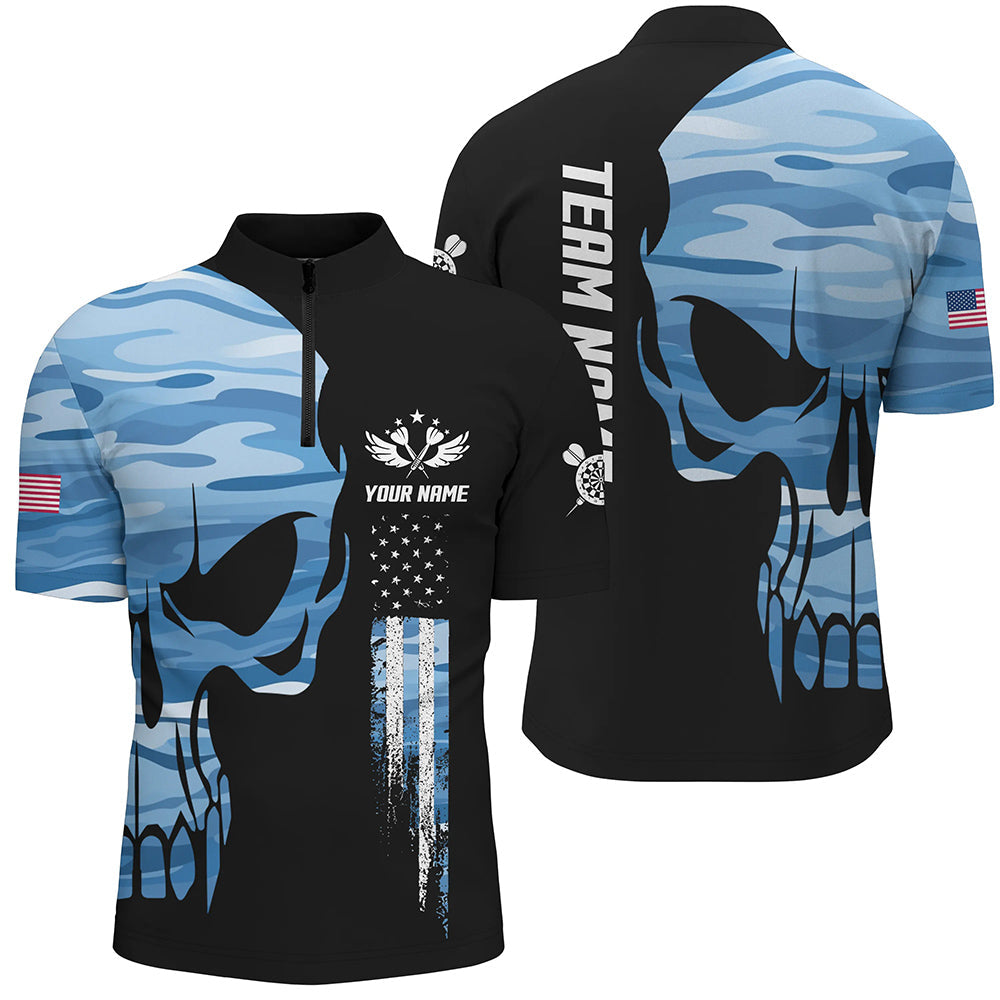 Blue Camo Skull American Flag Darts Quarter Zip Shirt Custom Patriotic Dart Jersey For Men LDT1452