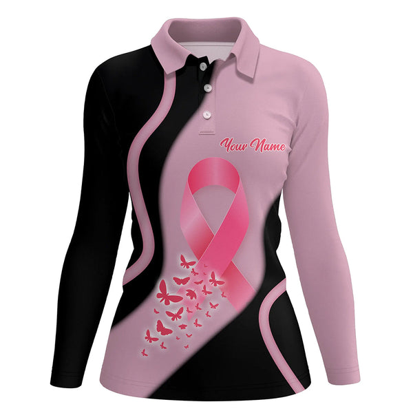 Black Pink Butterfly Custom Womens Golf Shirt Breast Cancer Awareness Golf Tops For Ladies  LDT0248