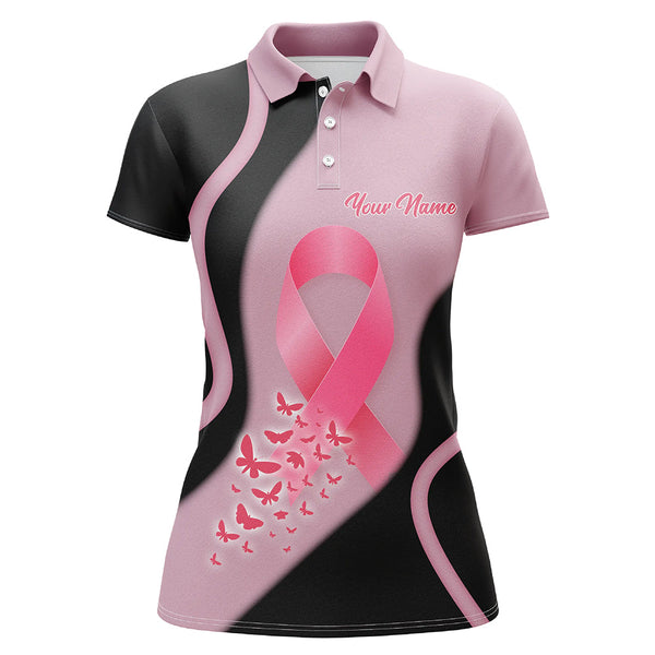Black Pink Butterfly Custom Womens Golf Shirt Breast Cancer Awareness Golf Tops For Ladies  LDT0248