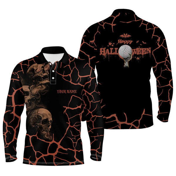 Mens Orange Happy Halloween Skull Golf Polo Shirts Spooky Halloween Golf Gift Idea For Men LDT0323
