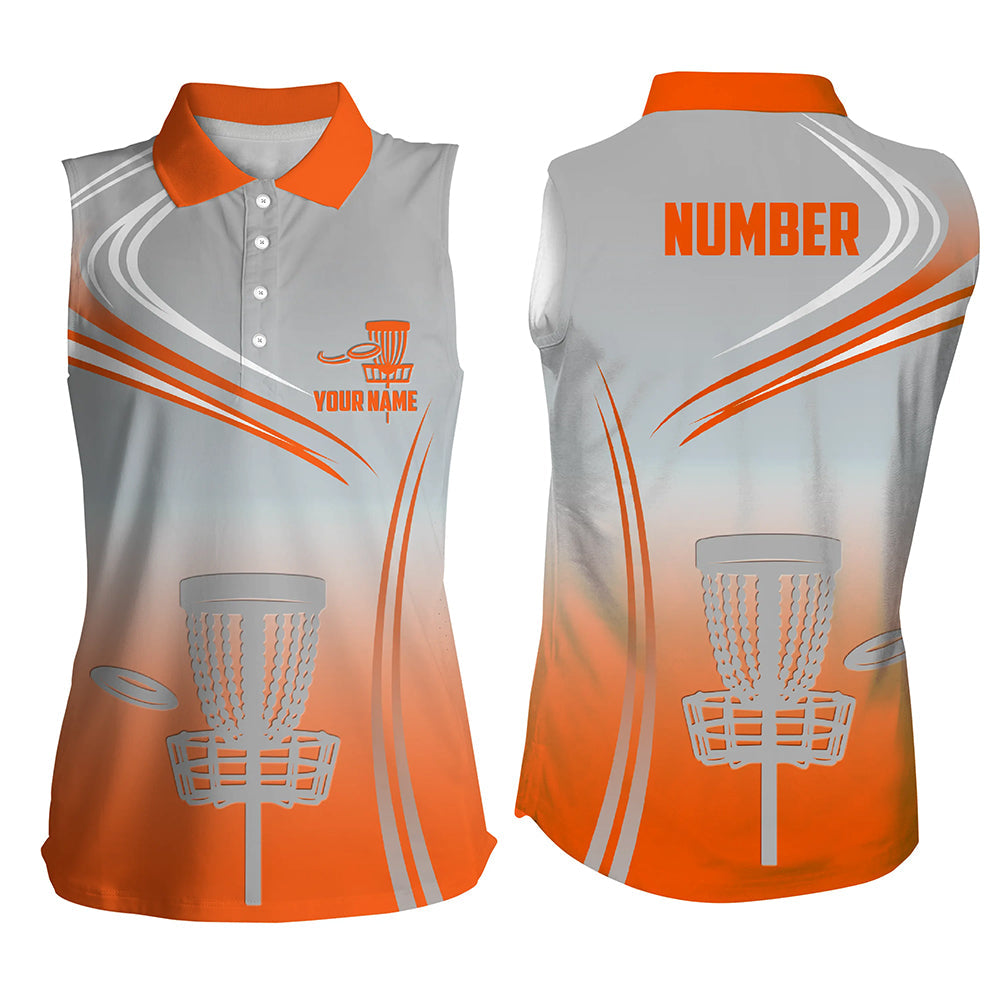 Orange&Grey Disc Golf Womens Sleeveless Polo Shirts Customized Disc Golf Tops For Women Golfing Gifts LDT1322