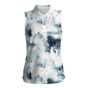 Watercolor Night Sky Forest Christmas Trees Sleeveless Polo Shirts Christmas Golf Shirts For Women LDT0658