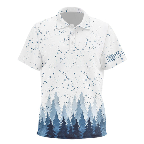 Watercolor Indigo Blue Christmas Trees & Snowfall Kid Golf Polo Shirt Winter Golf Shirts For Kid LDT0659