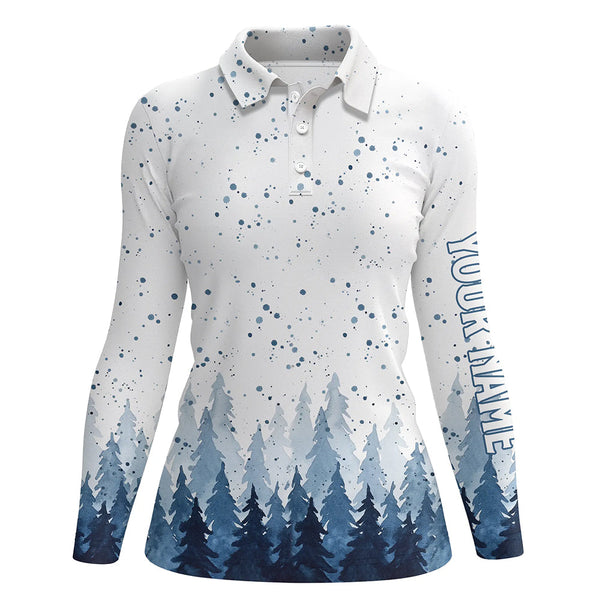 Watercolor Indigo Blue Christmas Trees & Snowfall Golf Polo Shirt Winter Golf Shirt For Women LDT0659