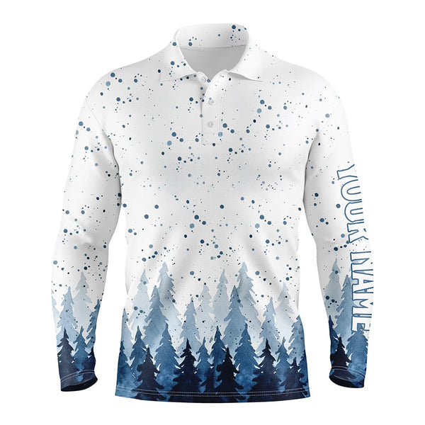 Watercolor Indigo Blue Christmas Trees & Snowfall Men Golf Polo Shirt Winter Golf Shirts For Men LDT0659