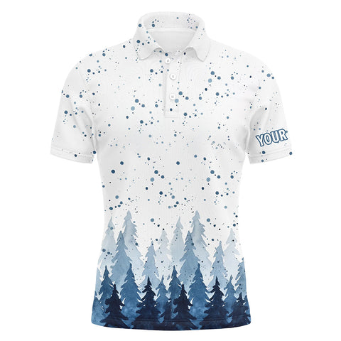 Watercolor Indigo Blue Christmas Trees & Snowfall Men Golf Polo Shirt Winter Golf Shirts For Men LDT0659