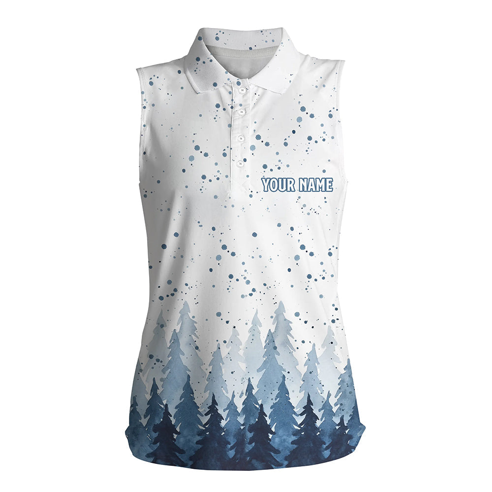 Watercolor Indigo Blue Christmas Trees & Snowfall Sleeveless Polo Shirt Winter Golf Shirts For Women LDT0659