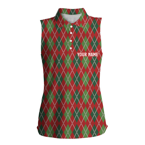 Christmas Argyle Knitted Womens Sleeveless Polo Shirt Red Green All Over Print Golf Shirt For Women LDT0662