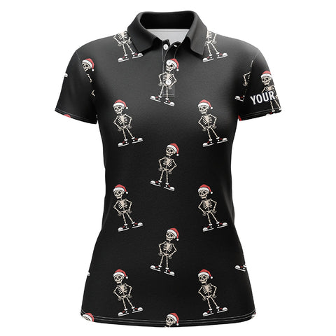 Cartoon Skeleton With Santa Hat Christmas Golf Polo Shirts Black Skull Golf Shirts For Women LDT0664
