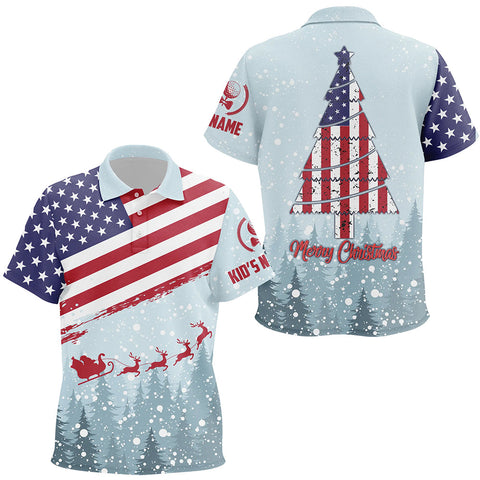 Merry Christmas Usa Flag Kids Golf Polo Shirt Custom Winter Forest Patriotic Golf Shirts For Kid LDT0670