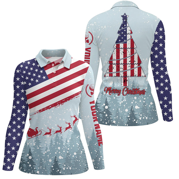 Merry Christmas Usa Flag Golf Polo Shirt Custom Winter Forest Patriotic Golf Shirts For Women LDT0670