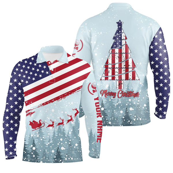 Merry Christmas Usa Flag Golf Mens Polo Shirt Custom Winter Forest Patriotic Golf Shirts For Men LDT0670