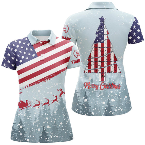 Merry Christmas Usa Flag Golf Polo Shirt Custom Winter Forest Patriotic Golf Shirts For Women LDT0670
