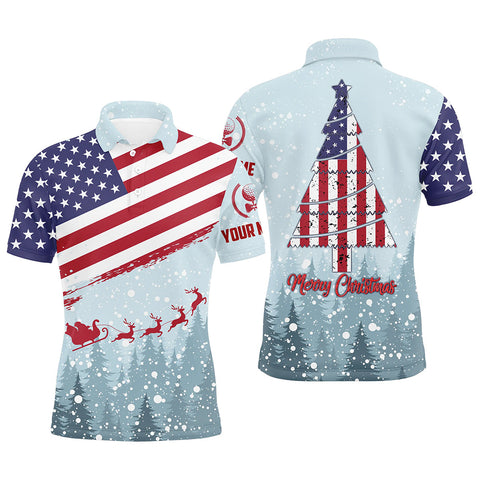 Merry Christmas Usa Flag Golf Mens Polo Shirt Custom Winter Forest Patriotic Golf Shirts For Men LDT0670
