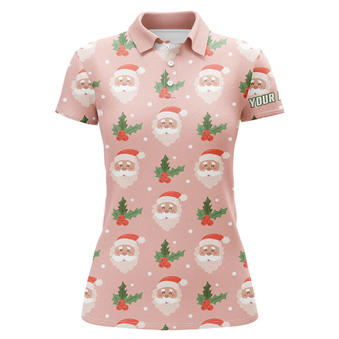 Santa With Holly On Pink Womens Golf Polo Shirt Custom Cute Golf Shirts For Women Golf Gifts LDT0677