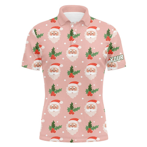 Santa With Holly On Pink Mens Golf Polo Shirt Custom Cute Golf Shirts For Men Golf Gifts LDT0677